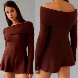 Urban Outfitters Grace Off-the-Shoulder Knit Romper in Brown/Burgundy Medium